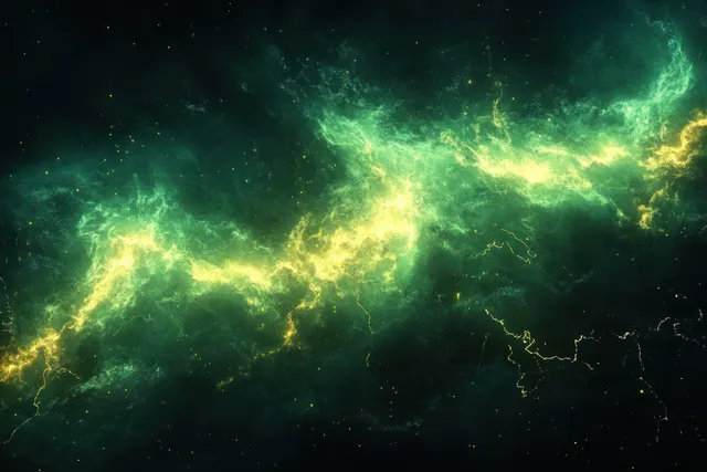 Green and yellow cosmic nebula glows in deep space with scattered stars and lightning-like light filaments.