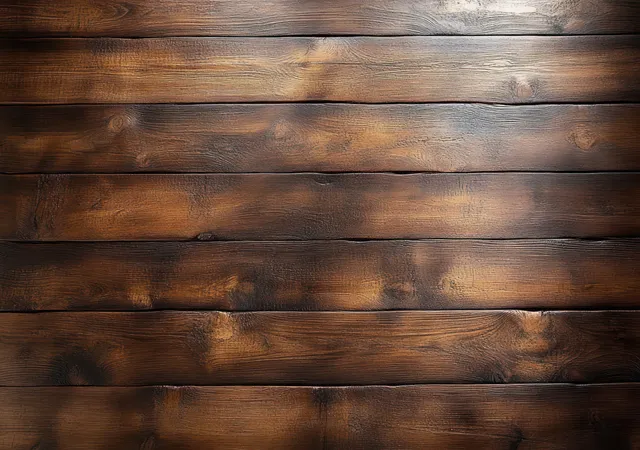 Dark brown polished wooden floorboards with visible grain and knots reflecting warm light.
