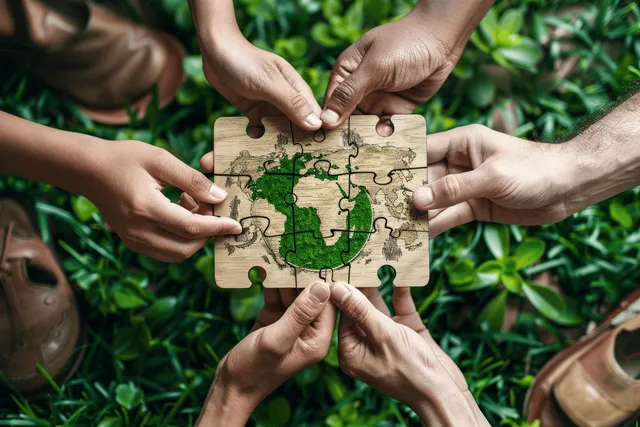 多双手在绿叶繁茂的户外环境中拼装地球拼图。