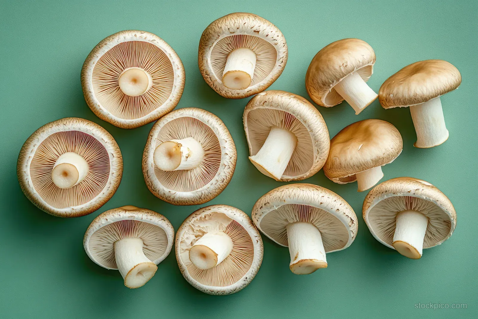 Sliced brown mushrooms with visible gills and stems scattered on a teal tabletop under soft natural light.