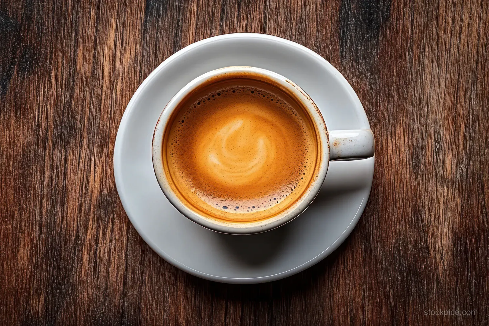 Top view of a cappuccino with a creamy foam swirl in a white cup on a wooden table.