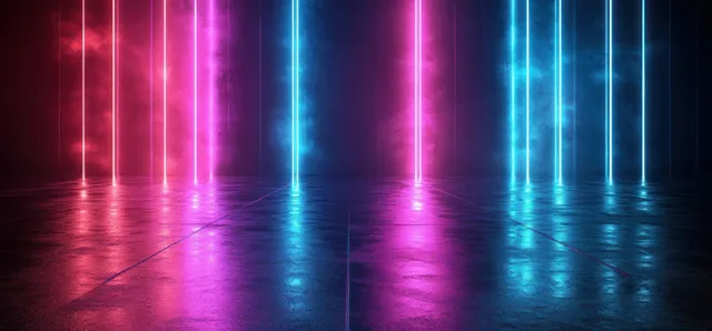 Neon blue and pink light beams cast reflections on a wet concrete floor inside a dark cyberpunk corridor.