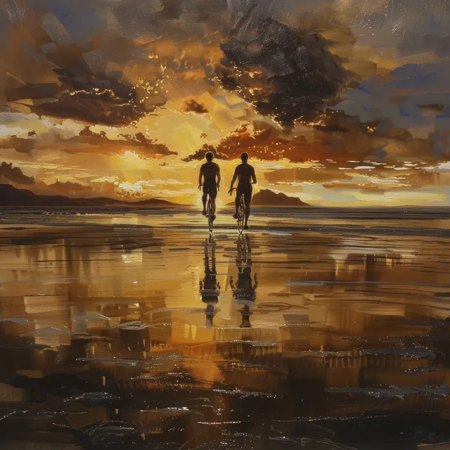 Two male triathletes run on a reflective beach at sunrise as their silhouettes mirror in the wet sand.