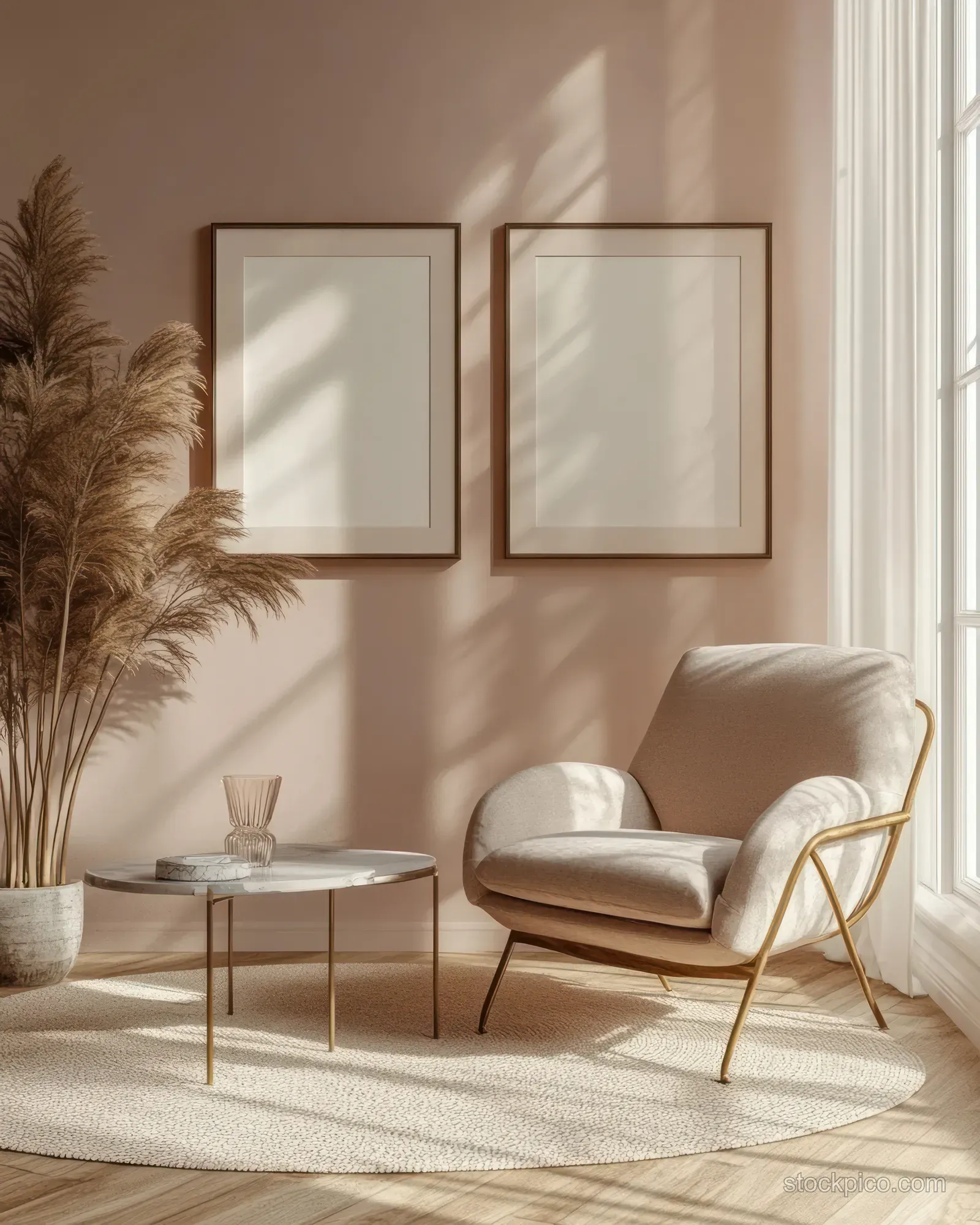 Two empty poster frames hang on a pink wall above a light sofa in a bright Scandinavian living room.