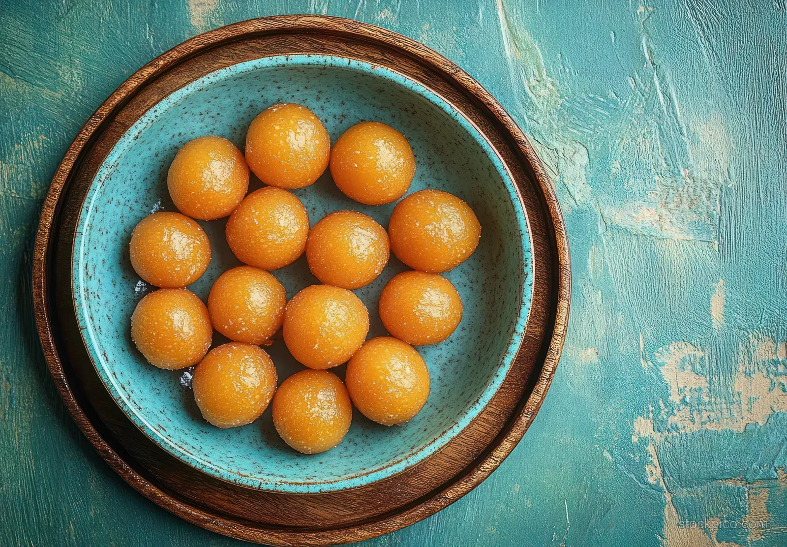 Round orange sweets are neatly arranged in a blue ceramic bowl on a wooden plate over a textured teal background.