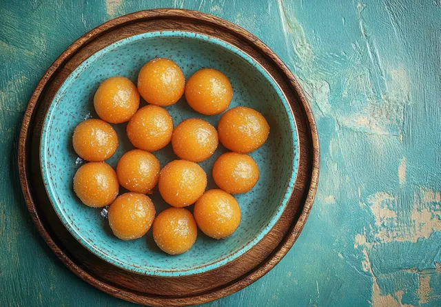 Round orange sweets are neatly arranged in a blue ceramic bowl on a wooden plate over a textured teal background.