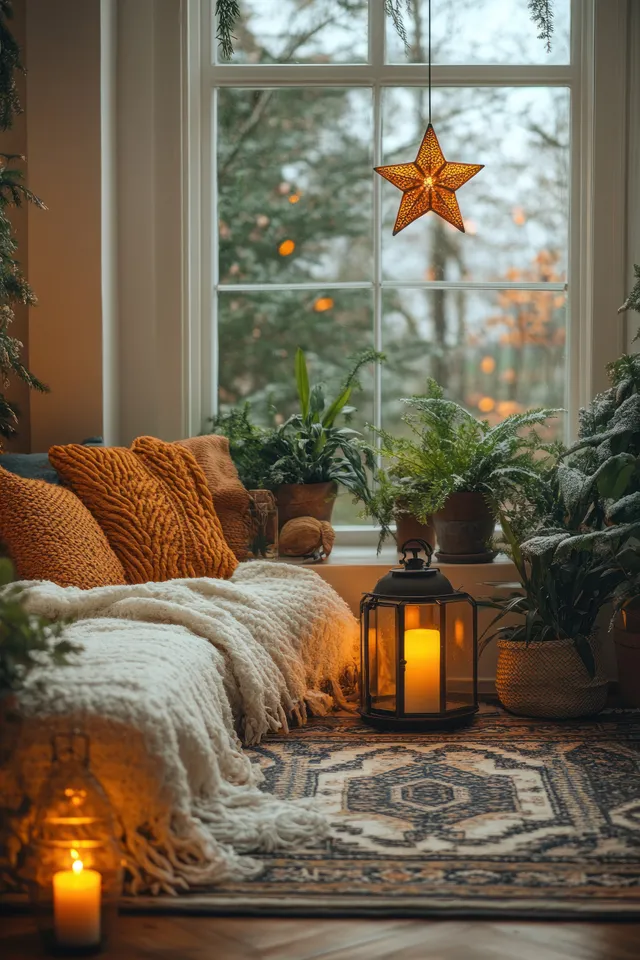 Star lantern glows beside a plaid rug, sofa throws, and potted greenery near a large winter window.