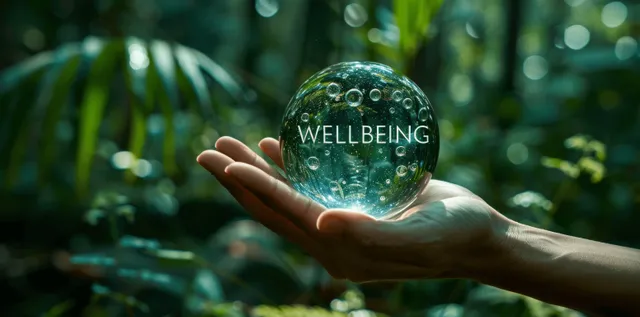 Hand holding a glowing wellbeing globe in a green nature background with soft bokeh