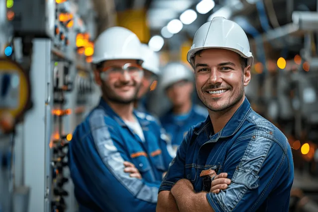 Two helmeted industrial workers stand smiling beside factory machinery and control panels with glowing lights behind them.