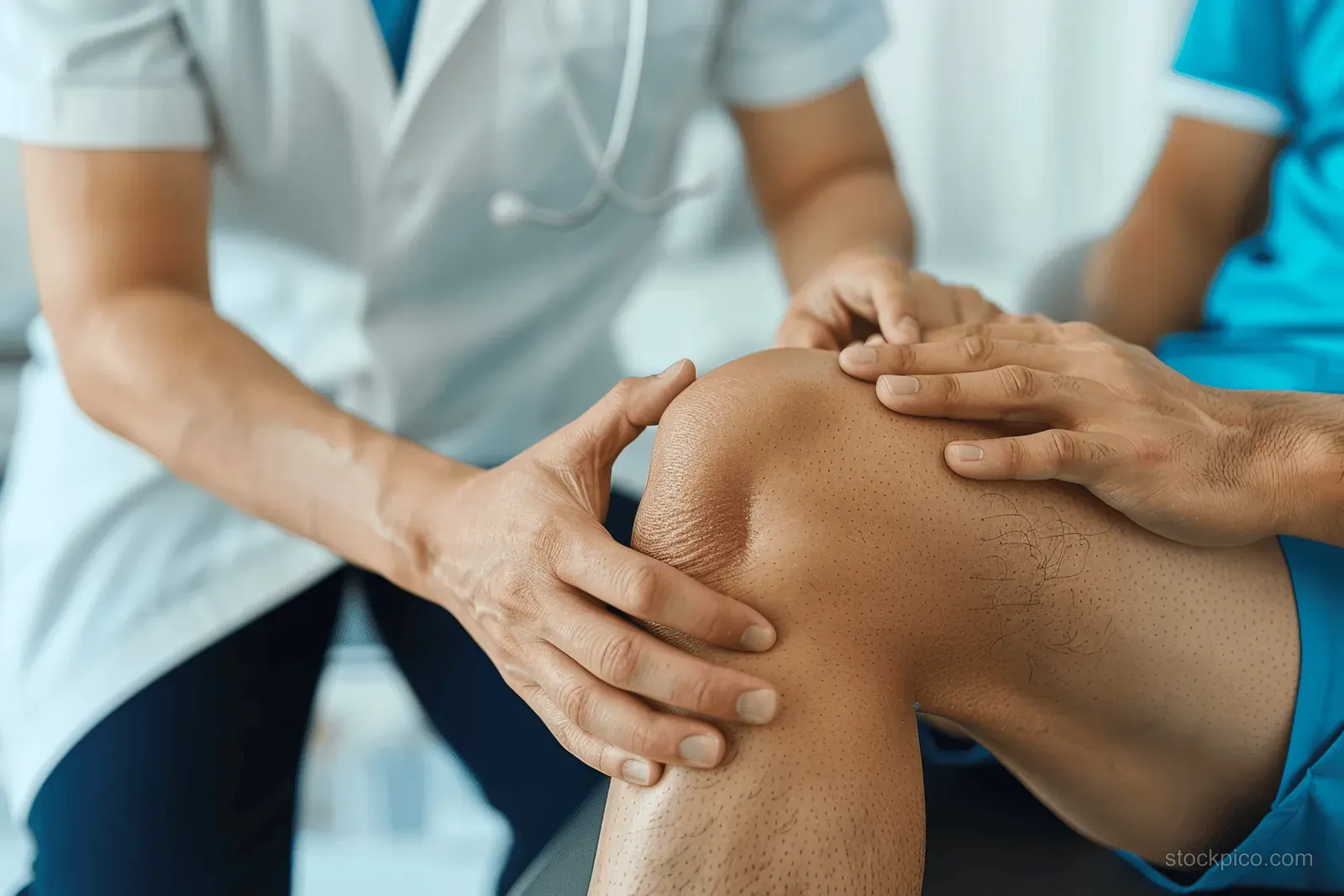 Physiotherapist massages an athlete’s knee while examining the injured leg in a clinic.