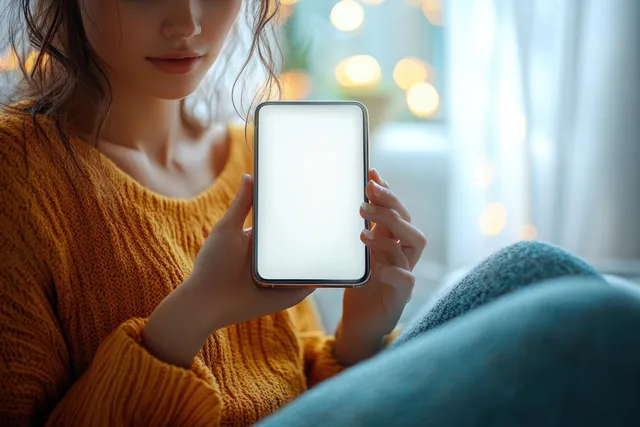 Woman holds smartphone with blank screen at home, warm lights glowing in background