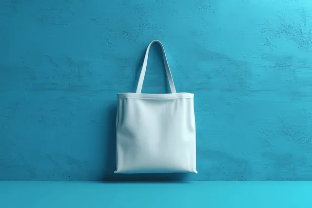 Blank natural cotton canvas tote bag centered on a blue background with visible woven texture.