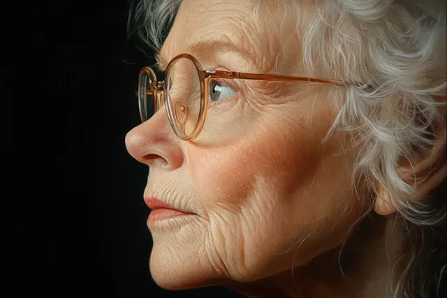 Side profile portrait of an elderly woman wearing glasses and a hearing aid under soft studio lighting.