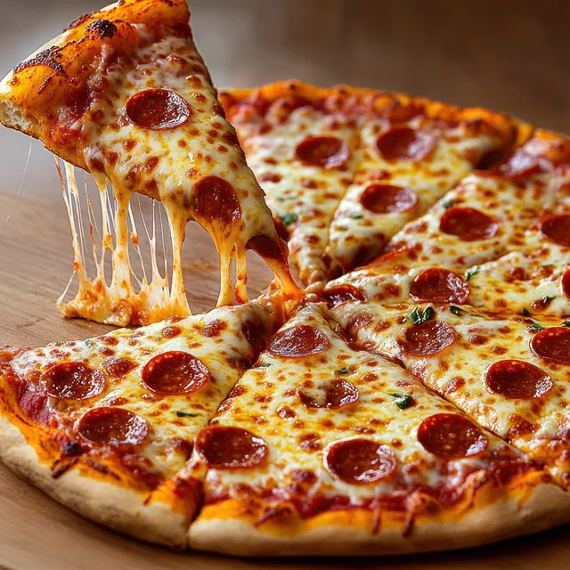 A lifted pepperoni pizza slice stretches melted cheese over a golden crust with visible pepperoni circles.