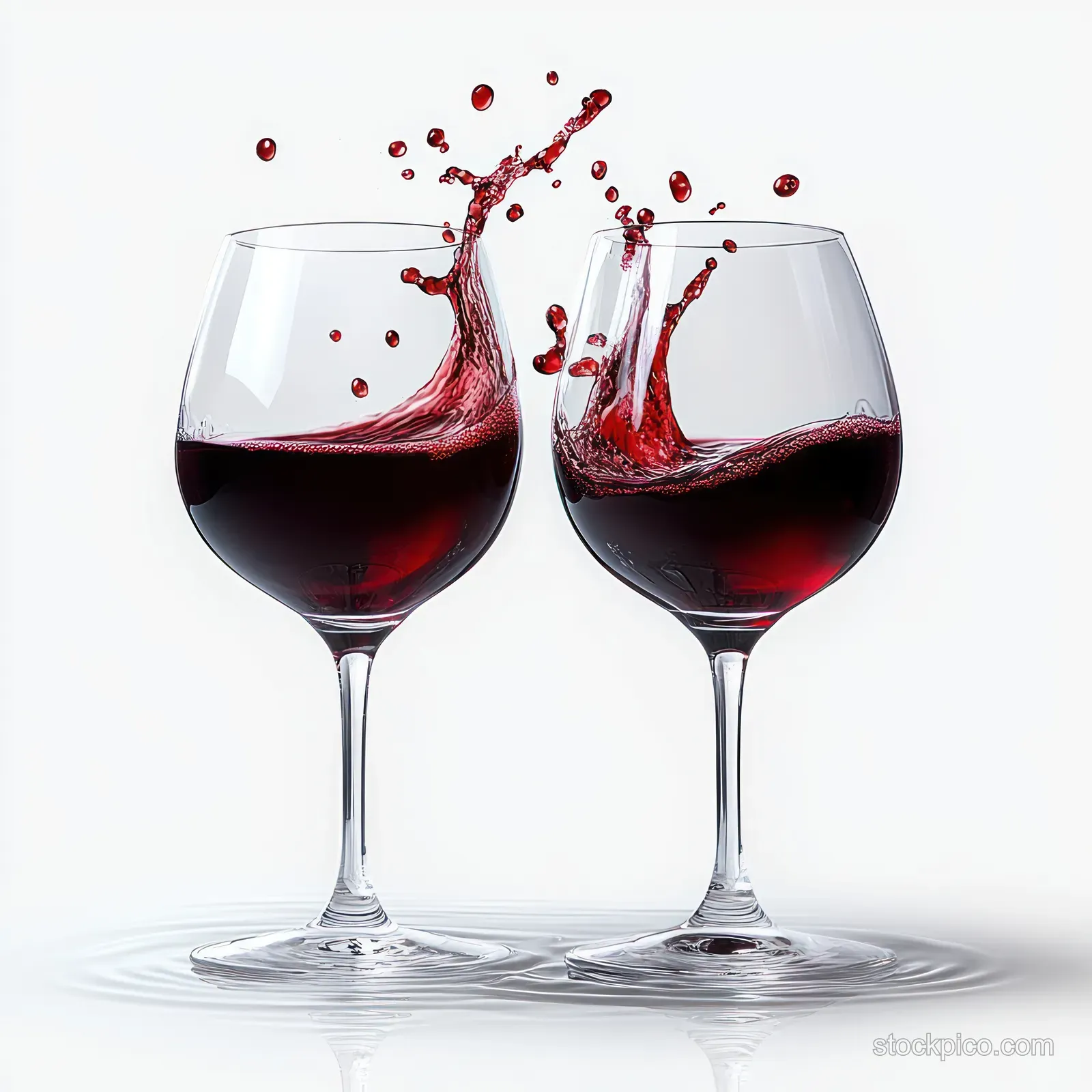 Two wine glasses clink as red wine splashes above and reflects on a white glossy surface.