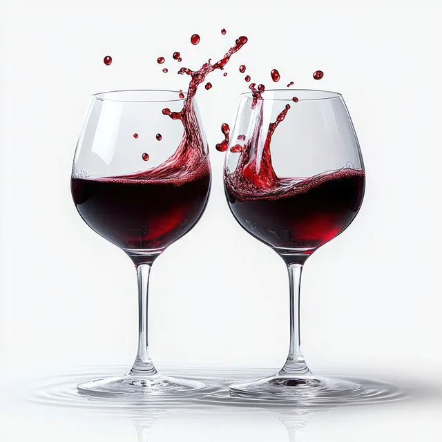 Two wine glasses clink as red wine splashes above and reflects on a white glossy surface.
