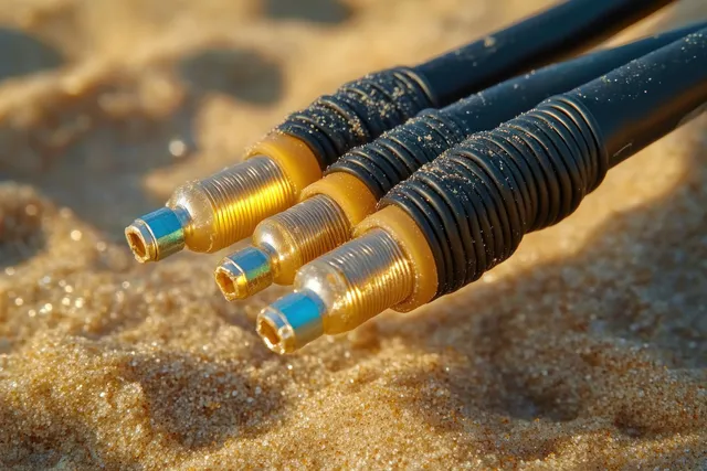 Close-up electric cables with heat shrink tubing on textured surface in natural light