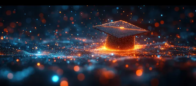 Graduation cap floating in dark space with glowing blue and orange network lights