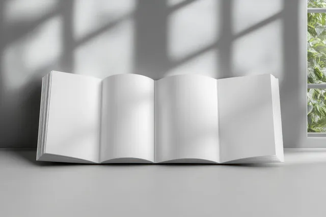 Minimalist booklet mockup, closed and open, placed on a soft gray surface with soft window shadows.