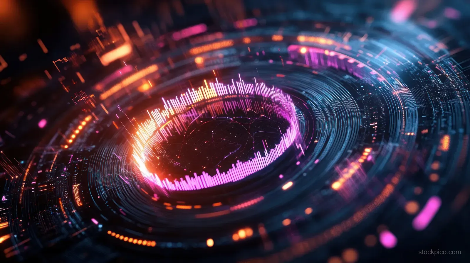 Futuristic circular interface shows glowing data bars and swirling neon light trails in purple, blue, and orange.