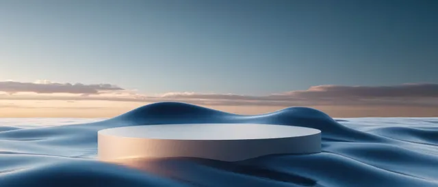 Minimalist 3D circular platform floating over blue desert waves under gradient sky