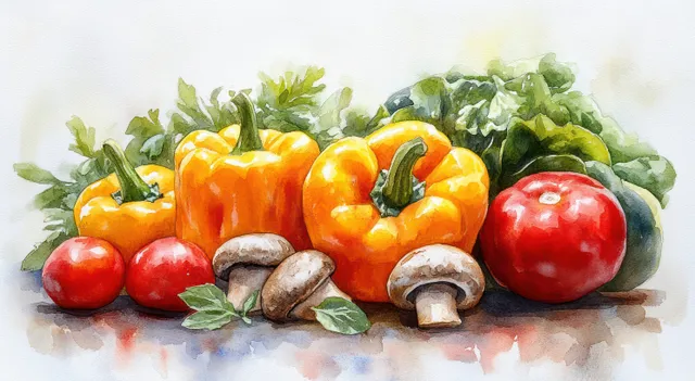 Watercolor summer vegetables and herbs arranged in a fresh kitchen banner