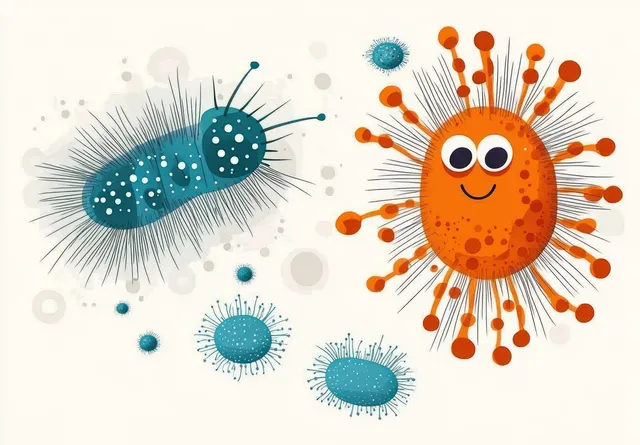 Cartoon dust mite and allergy germ characters over clean microscopic background