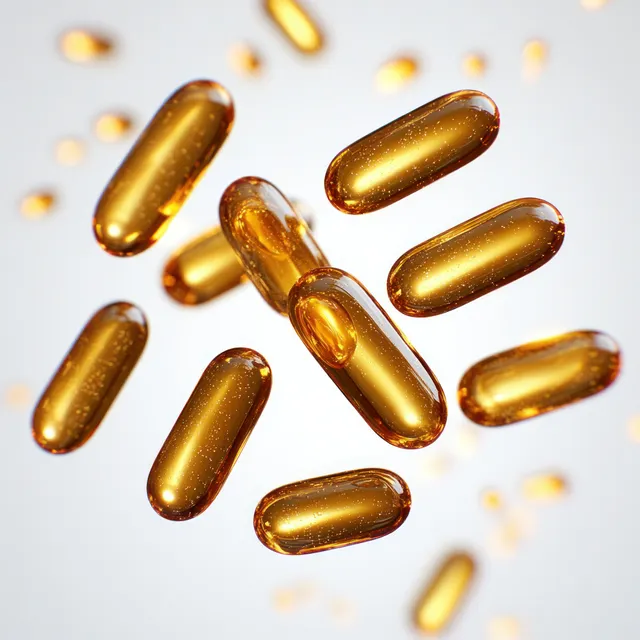 Translucent golden supplement capsules float against a bright background with shimmering reflections and visible microbubbles.