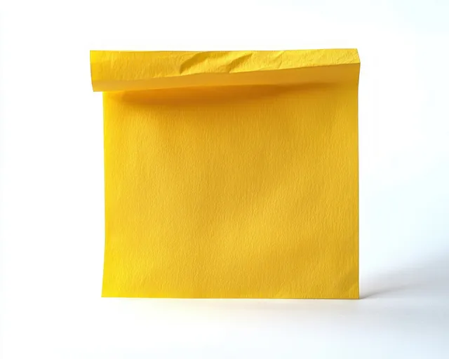 Blank yellow sticky note with a curled top edge isolated on a white background.
