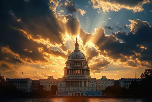U.S. Capitol dome glows at sunset with dramatic clouds over Washington DC.