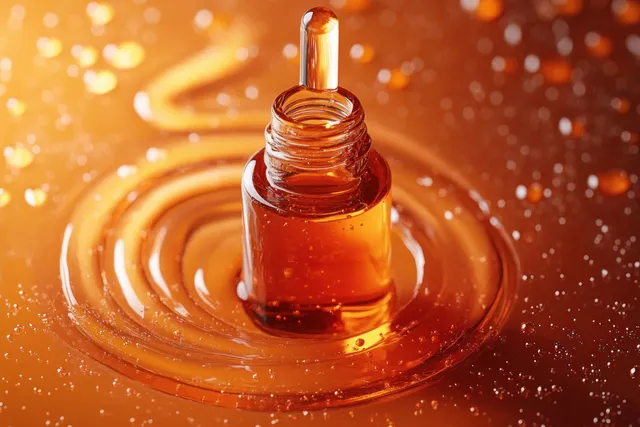 A dropper pours golden liquid into a thick amber pool, creating ripples, bubbles, and warm glowing reflections.