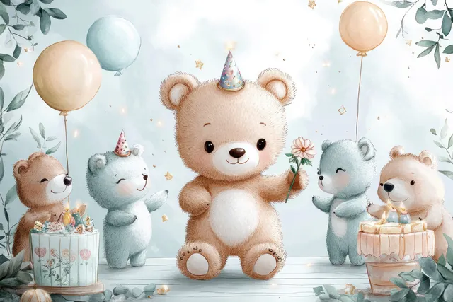 Watercolor jungle birthday scene with teddy bear, balloons, and animal party décor