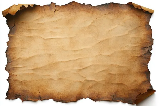 Aged parchment sheet with burnt edges and deep creases, blank surface background