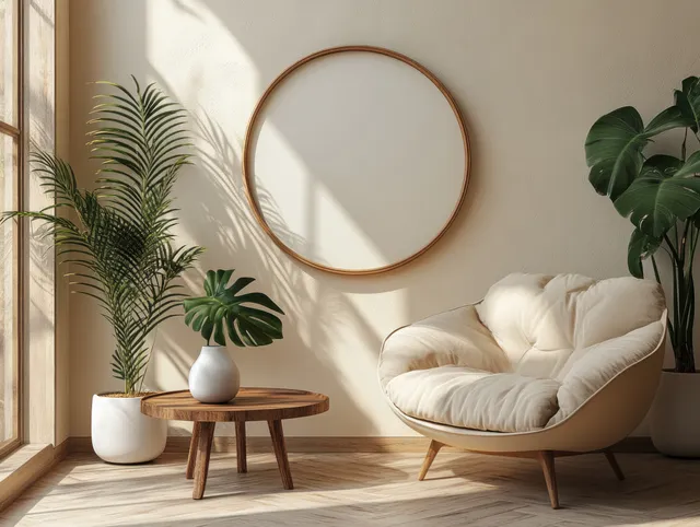 Cream armchair in a sunlit minimalist room beside a wooden side table, potted plants, and a round blank mirror on the wall.