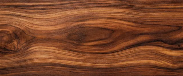 Polished walnut wood surface showing intricate swirling grain patterns in warm brown light