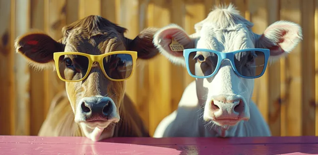 Two cows wearing yellow and blue sunglasses stand outdoors behind a wooden fence beside a pink table.