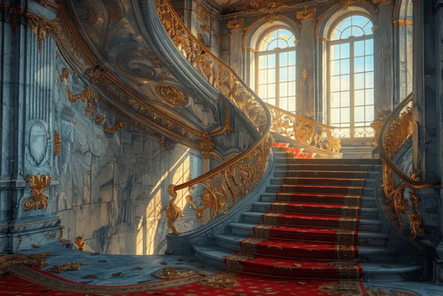 A grand staircase with red carpet and golden handrails leads up inside an ornate medieval palace hall.