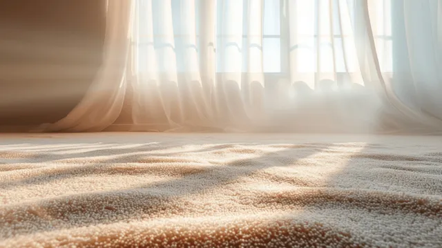 Beige textured carpet fills the foreground while sunlight streams through sheer curtains.