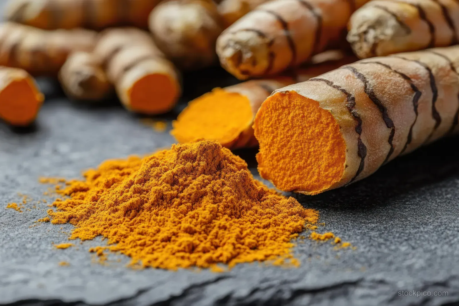 Fresh turmeric roots and a pile of vibrant yellow powder rest on a dark textured surface.