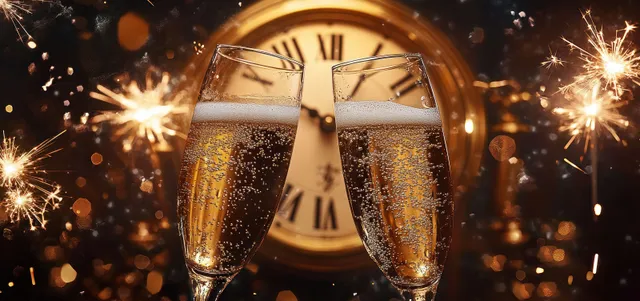 Two champagne flutes clink at midnight with sparklers and confetti around a glowing clock.