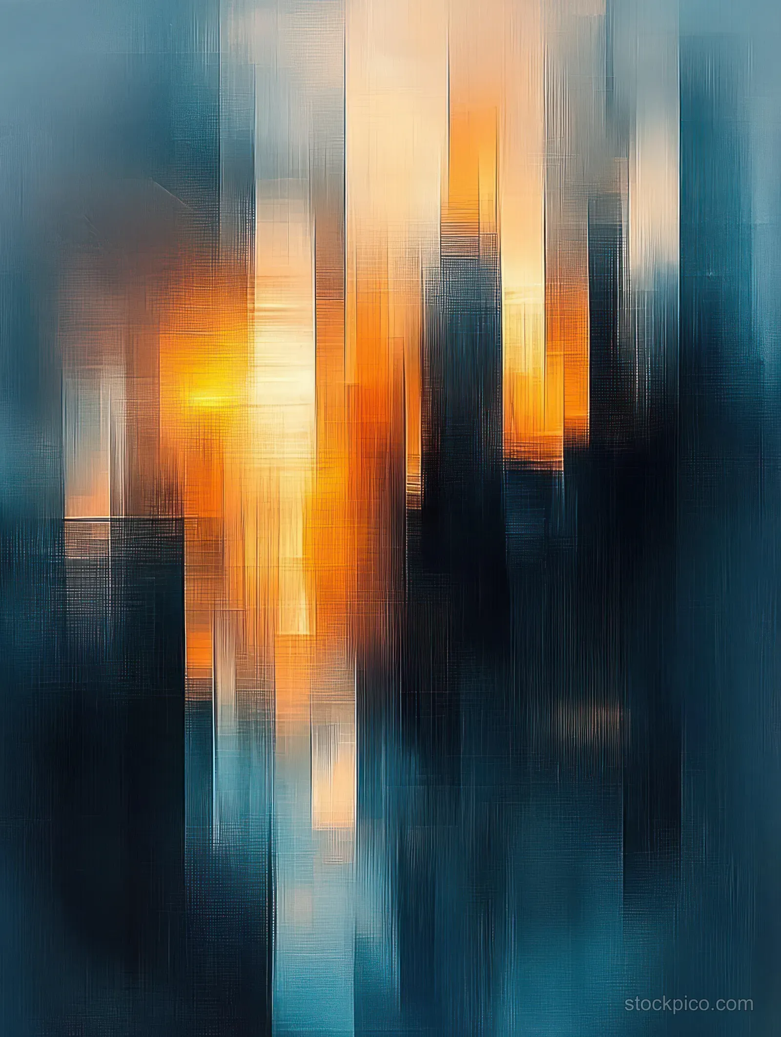Blurred abstract skyline with vertical orange and blue light streaks blending into a dusk atmosphere.