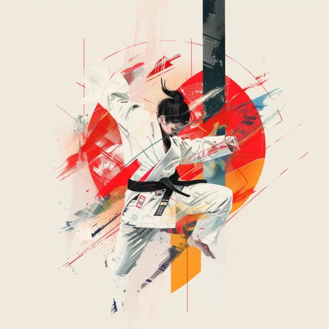 Women’s judo athlete in mid-throw shown with bold red and orange graphic splashes and motion lines.