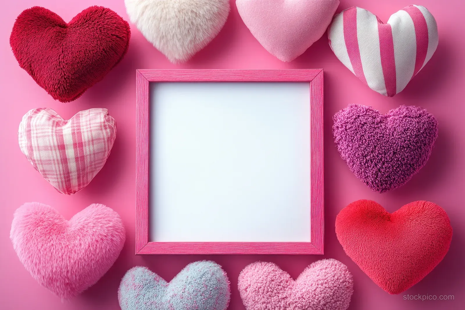 Fabric hearts in pink and red surround an empty pink picture frame on a flat lay background.