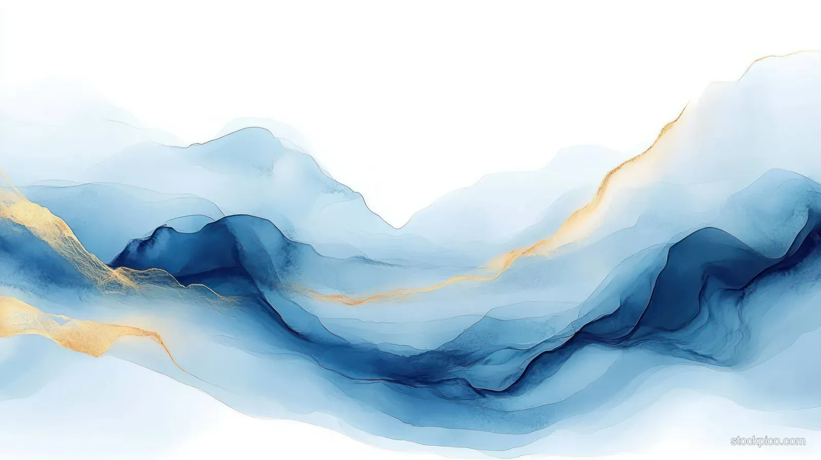 Abstract mountains in layered blue tones with soft golden highlights and misty haze in the distance.