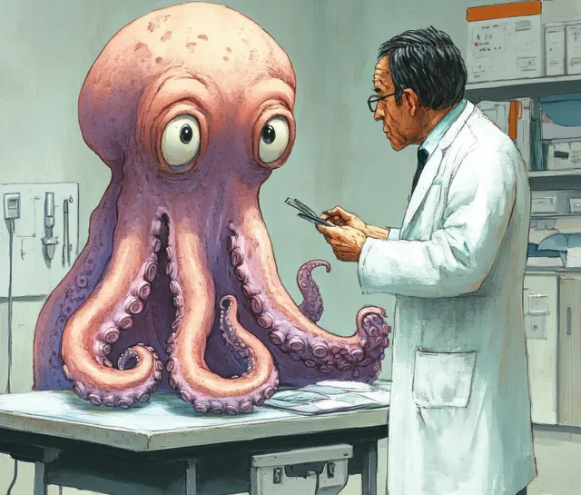 A cartoon doctor octopus and a clinician character examine a patient at a desk in a whimsical clinic.
