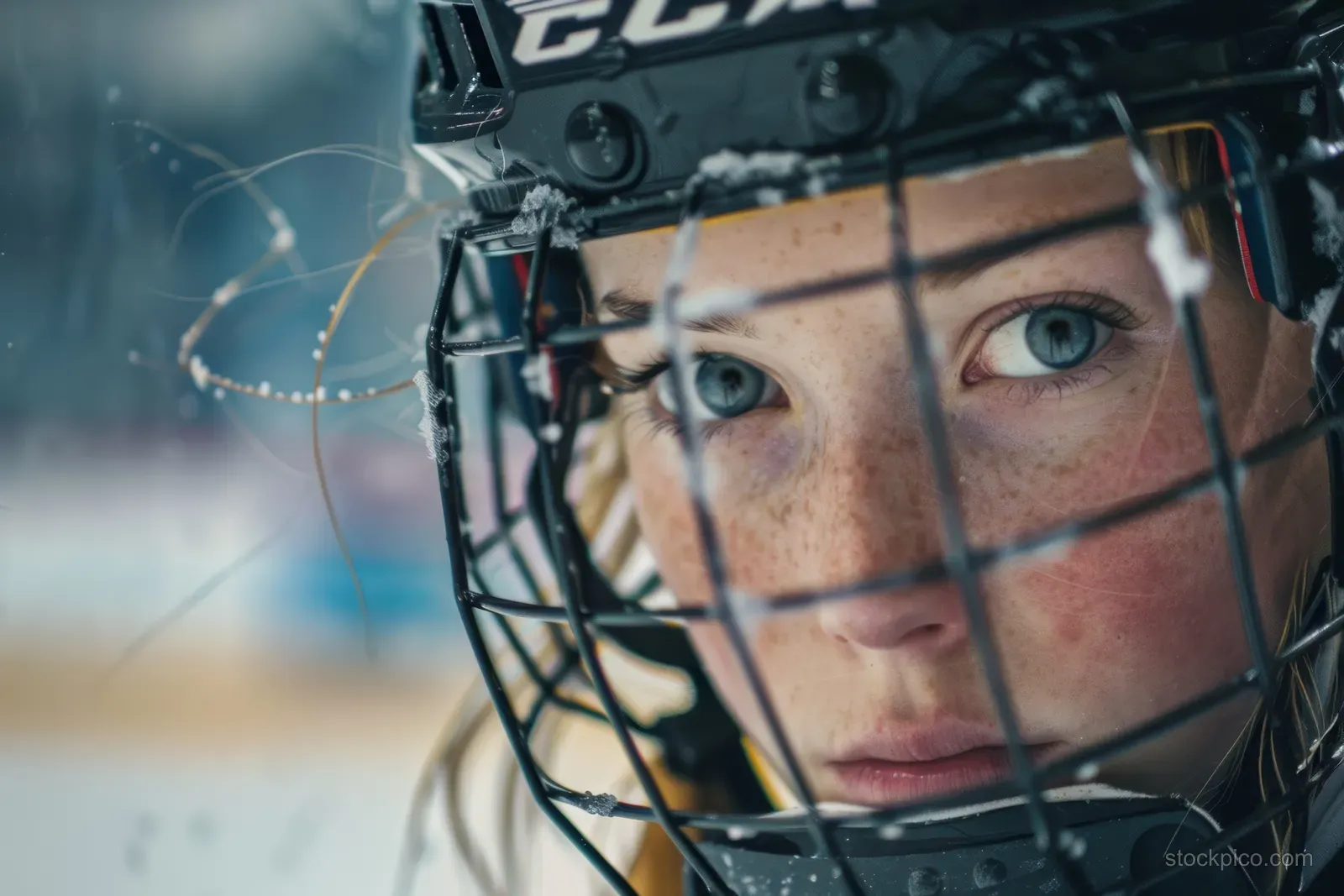 A Canadian female hockey player tightens her skates before a game with the goal net visible behind her.
