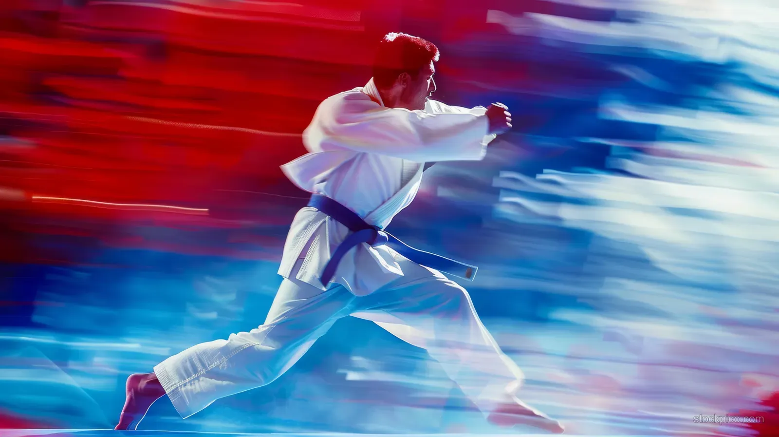 A male karateka executes a kumite lunge with blurred motion and blue-red streak background.