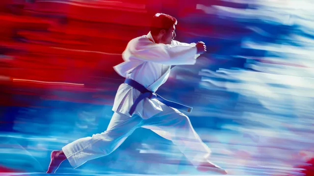 A male karateka executes a kumite lunge with blurred motion and blue-red streak background.