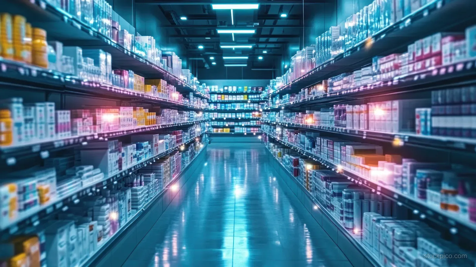 A brightly illuminated pharmacy aisle with colorful medicine bottles on organized shelves stretching into the distance.