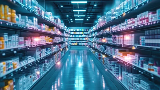 Illuminated pharmacy aisle with colorful medicine bottles and futuristic logistics lighting